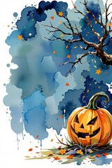 watercolor halloween poster with oversized jack o' lantern on right side, empty left side for clean copy space and event title.