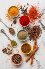 Spices in bowls and spoons overhead shot