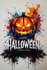 vivid watercolor splash behind glowing pumpkin face, edgy and artistic halloween festival design.