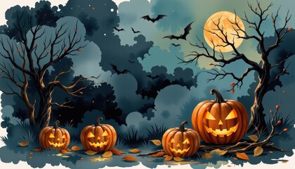 Halloween scene with pumpkins bats and autumn night background.