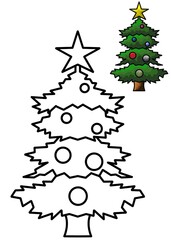 Christmas tree line art and colored illustration – printable, educational, and creative use