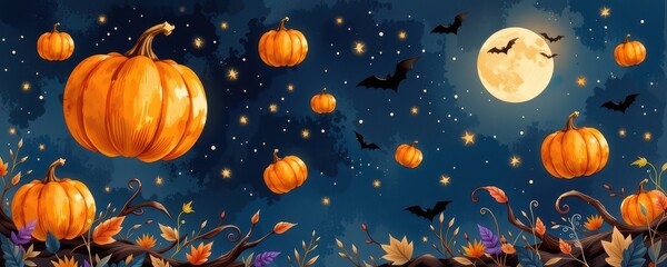 A spooky illustration of a glowing Halloween pumpkin at night against a dark, bat-filled universe backdrop.