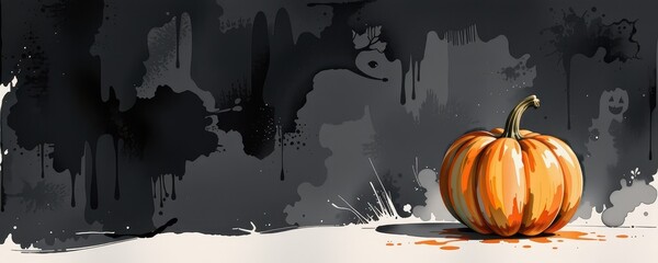A vibrant pumpkin glows amidst a dark haze, a symbol of autumn reimagined with striking strokes.