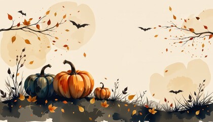 Halloween background with pumpkins and autumn leaves in a festive seasonal design perfect for holiday cards and decorations