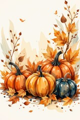 Poster with pumpkins and hay. Rustic Halloween invitation design in watercolor style.