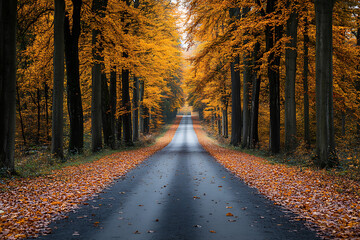 Colorful fall leaves line a scenic road through a peaceful park
