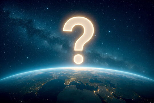 Glowing Question Mark Above Earth at Night with Milky Way Galaxy planet space