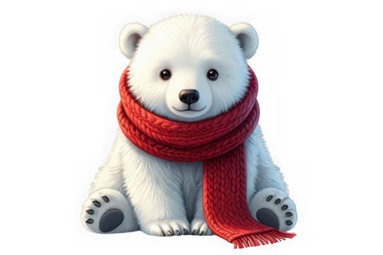Cute polar bear cub with red scarf isolated on transparent background