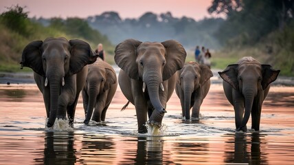 Naklejka premium A group of elephants walking through a river at sunset, warm golden glow reflecting on the water and landscape