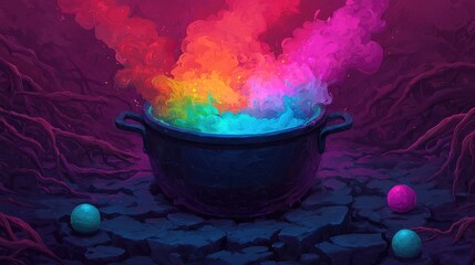 A vibrant cauldron emits colorful smoke against a dark, mystical landscape.