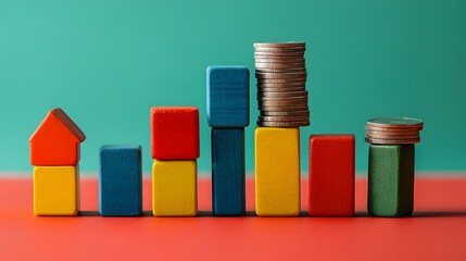 Colorful Wooden Blocks and Coins Displayed on a Creative Background