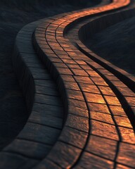Abstract textured pathway of dark rectangular blocks winding upwards bathed in vibrant golden light