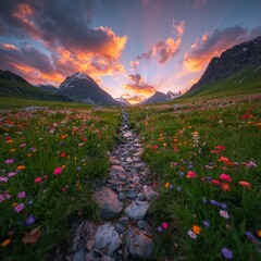 Mountain view with winding path, flowers, and colorful sunset