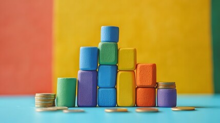 Colorful Building Blocks and Coins for Educational Playtime Fun