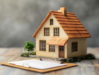 Model House with Clipboard and Blank Paper on Wooden Surface