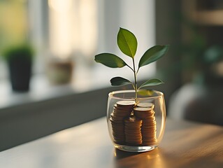 Plant Growing from Coins Representing Financial Growth and Investment