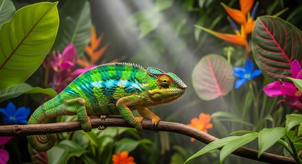 Colorful Chameleon in Lush Tropical Garden.