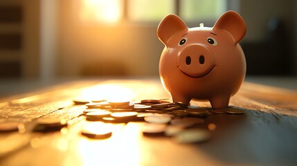Cute Piggy Bank Surrounded by Coins in Warm Sunlit Room