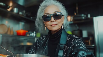 Elderly Asian woman cooking in kitchen while wearing wearable AI eyewear
