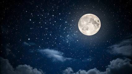 Starry Night Sky with Full Moon and Wispy Clouds