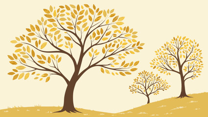Illustration of three trees with golden yellow leaves standing on a golden yellow grassy hillscape
