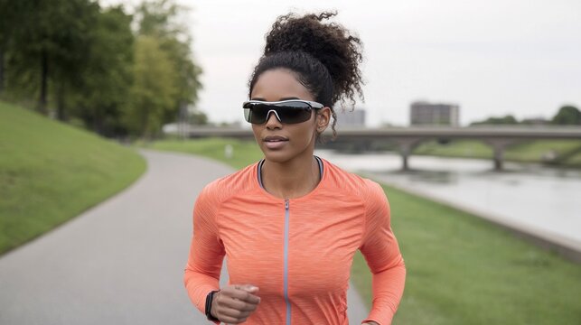 Latina woman running outdoors wearing wearable AI eyewear along river  