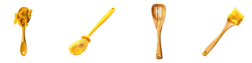 Obraz premium Selection of Pasta on Spoons Modern Pasta Fork Whisk for Cooking