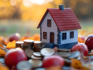 Tiny House Model Surrounded by Coins and Colorful Autumn Leaves