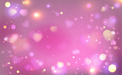Dreamy background with pink heart shapes and soft bokeh lights - romantic gradient bg with golden sparkles. Valentine day or wedding invitation love design elements with blurred glowing effects.