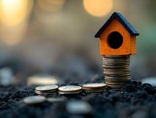 Colorful birdhouse on stack of coins symbolizing savings and wealth