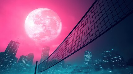 A vibrant night scene featuring a volleyball net against a glowing moon and urban backdrop.