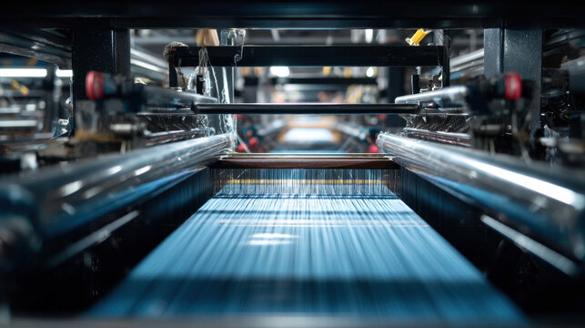 Industrial weaving machine in textile factory with blue threads moving through the machinery under soft lighting and focus on intricate details of the process