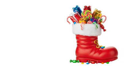 Santa boot full of christmas sweets isolated on transparent background