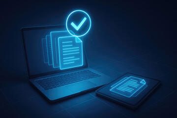 Laptop and Tablet with Digital Documents and Approval Check Mark file paper