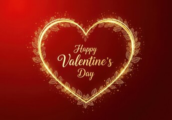 Glowing golden heart frame with happy valentine s day text on a red background