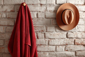 Red towel hangs from a wooden knob on a painted brick wall beside a tan hat