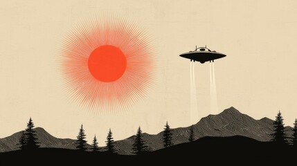 A whimsical illustration of a UFO amidst mountains and a vibrant sunset.