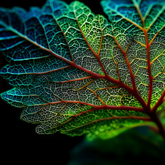 Obraz premium Close - up of Leaf with Distinct Veins Under Colorful Light and Shadow, Presenting Plant Microstructure and Natural Artistic Beauty
