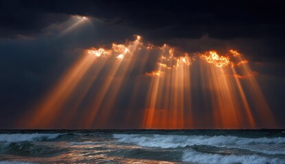 Golden rays pierce dark clouds over waves