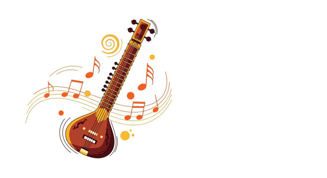 Illustration of a sitar, a long-necked plucked string instrument, with musical notes. This drawing depicts a traditional Indian musical instrument