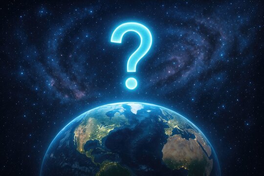 Luminous blue question mark floats above Earth with a swirling galaxy in the background symbol query