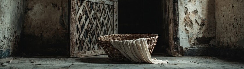 An empty wicker basket draped with fabric in a rustic, abandoned interior space.
