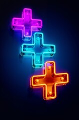 Neon plus signs glowing colorful lights on dark background