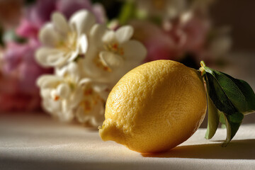 fresh lemon rests at edge of table illuminated by warm sunlight on soft pastel background