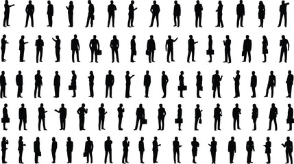 Business people silhouettes, diverse office workers standing, walking, talking, holding briefcases, professional attire, teamwork, communication,corporate lifestyle, isolated black 