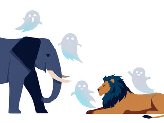 Obraz premium Elephant and lion encounter with ghosts animal kingdom digital art surreal environment vibrant colors