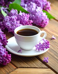 A cup of coffee amidst lilac blossoms on a wooden table