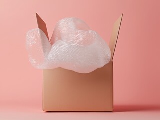 Creative arrangement of an open box with bubble wrap on a pastel pink background.