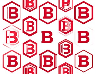 Red hexagons with layered capital B's on white background