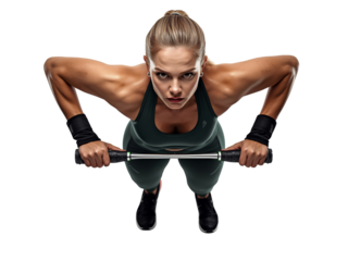 Determined female athlete executing push-ups with a bar on an isolated backdrop